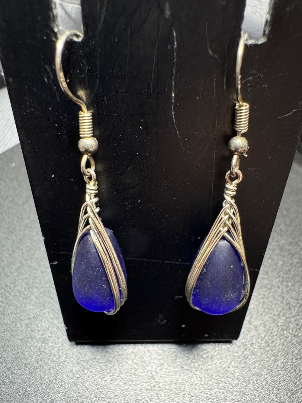 Blue Teardrop Silver Wrapped Dangle Earrings